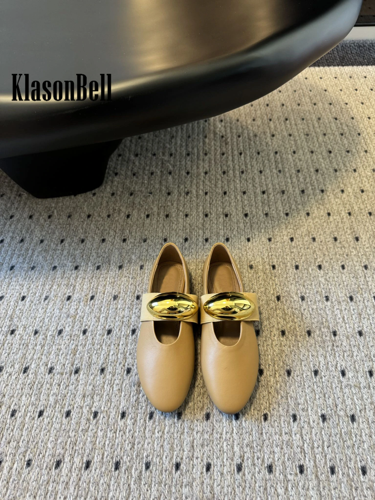 3.27 KlasonBell 2024 New Ballet Flats Shoes Women Fashion Metal Stretch Strap Decoration Genuine Leather Mary Janes Pumps