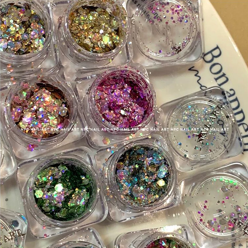 

1 Jar Holographic Chunky Flakes Nail Art Glitter Super Shiny Hexagon Mix Size Colorful Nails Sequin Powder for Gel Nail Polish