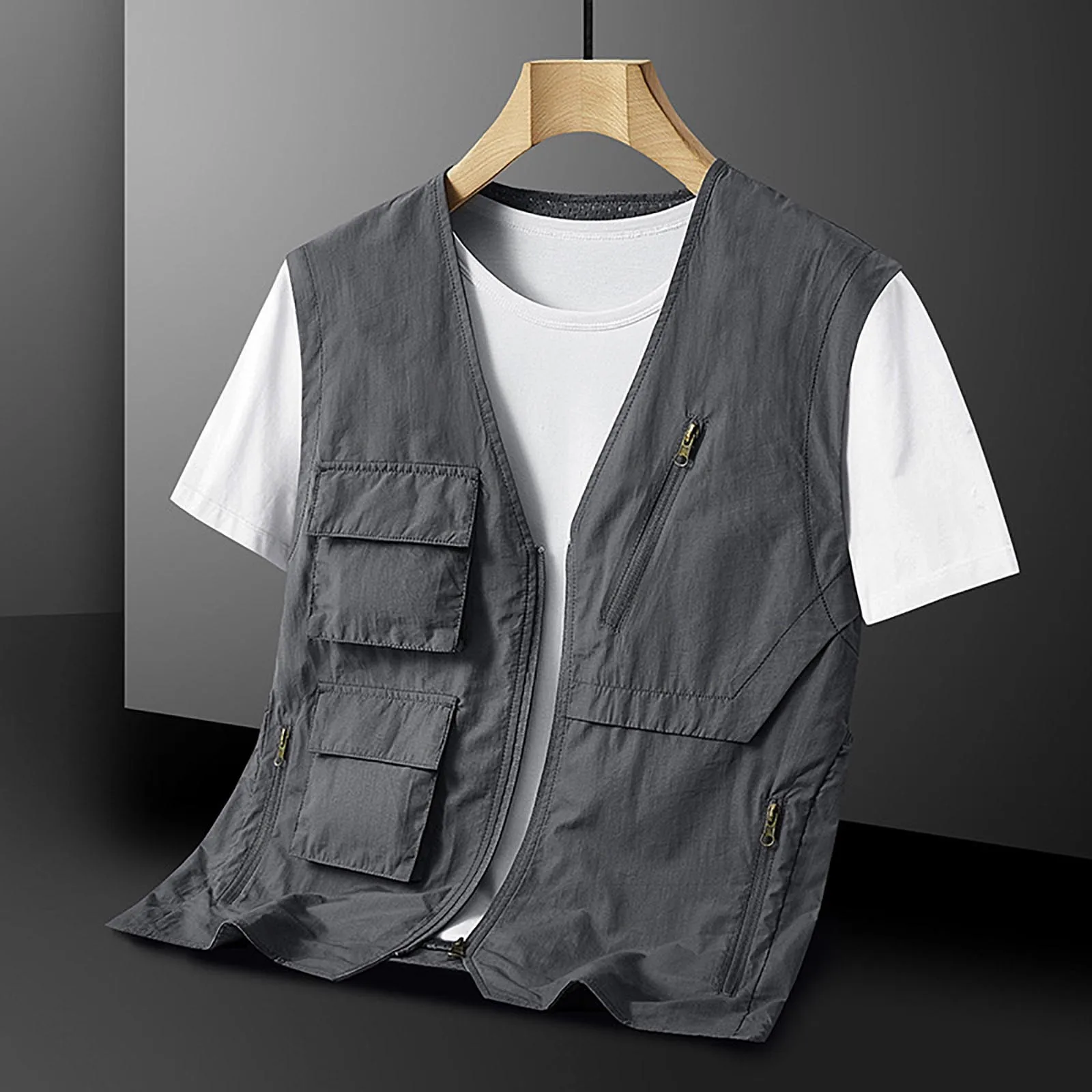 Trendy Zomer Dunne Hiphop Cargo Vest Effen Kleur Vest Jas Mouwloze Dunne Outdoor Multi Zakken Cargo Gilet Voor Vissen