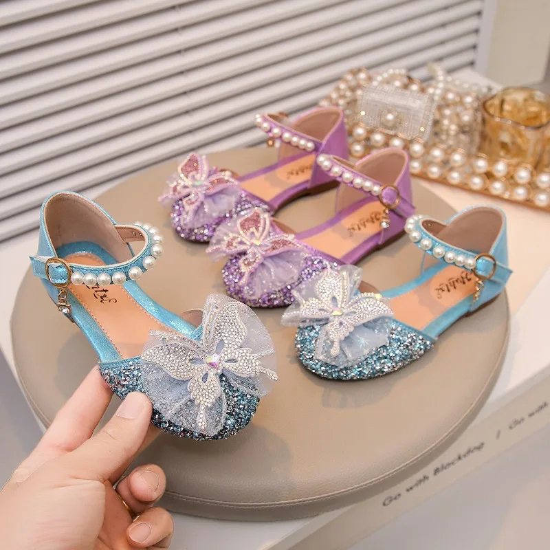 Children Bow Colorful Diamond Pearl Princess Leather Shoes Large Kids Princess Open-toe Vacation Travel Casual Shoes Beach Shoes