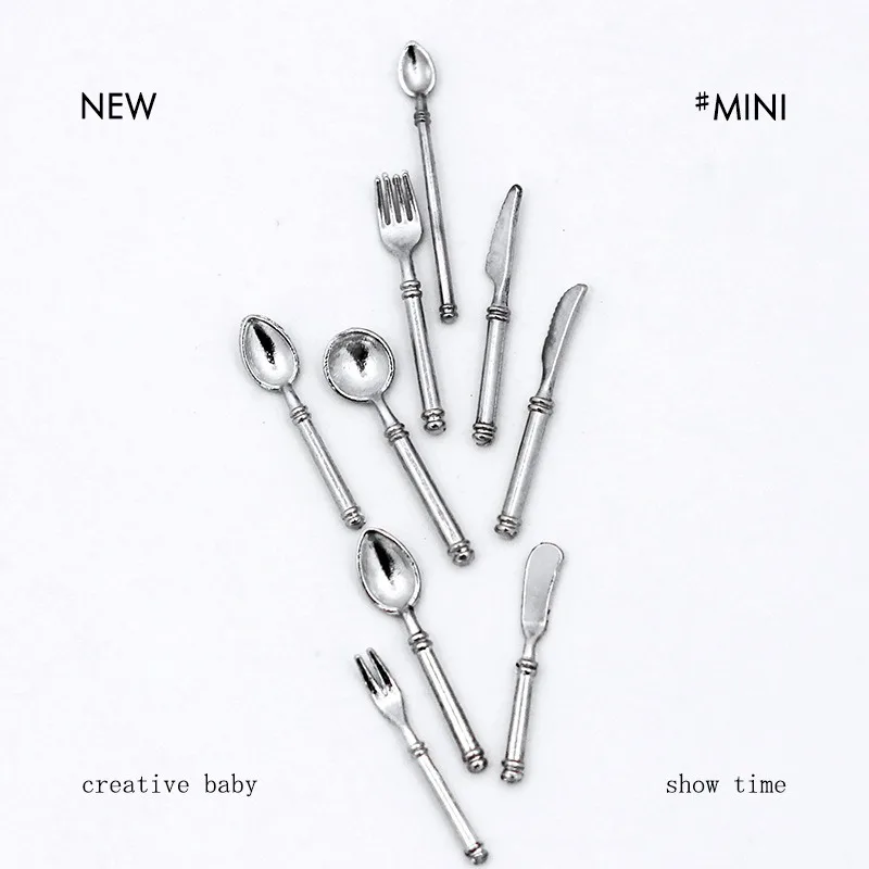 Miniature food toy scene, toy model, doll house accessories, mini knives, forks, spoons, Western tableware