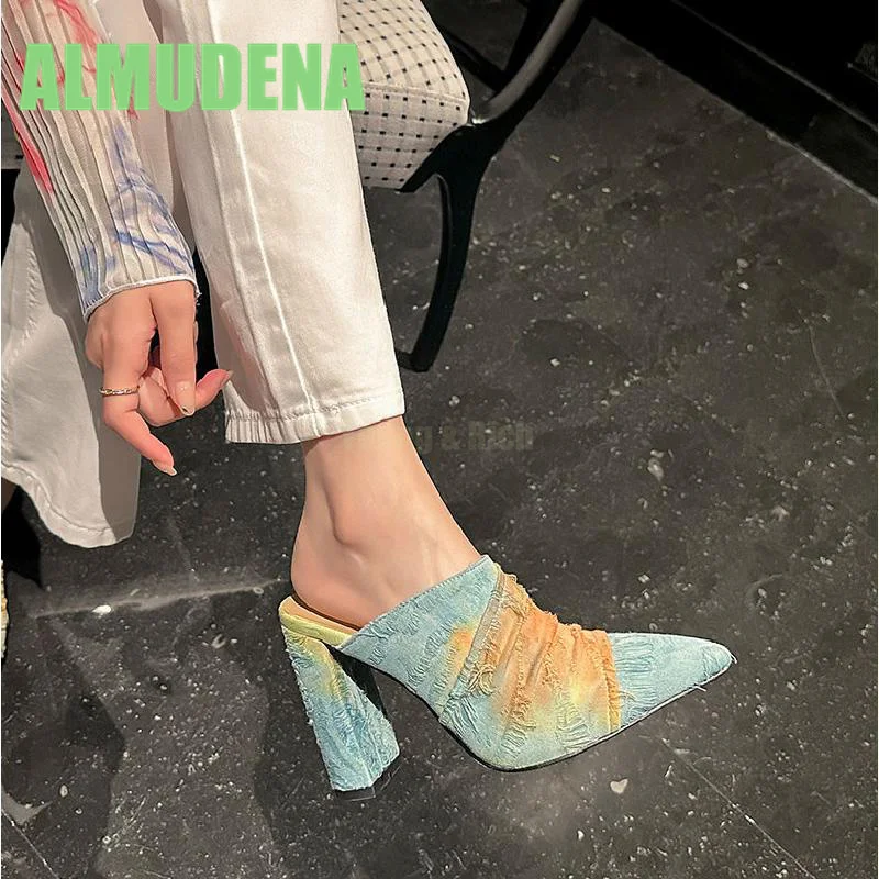 

Baotou Thick Heel Half Slippers Women's Fashion Outerwear Lazy One Step Stepping Pointed Cloth High Heels Muller Shoes