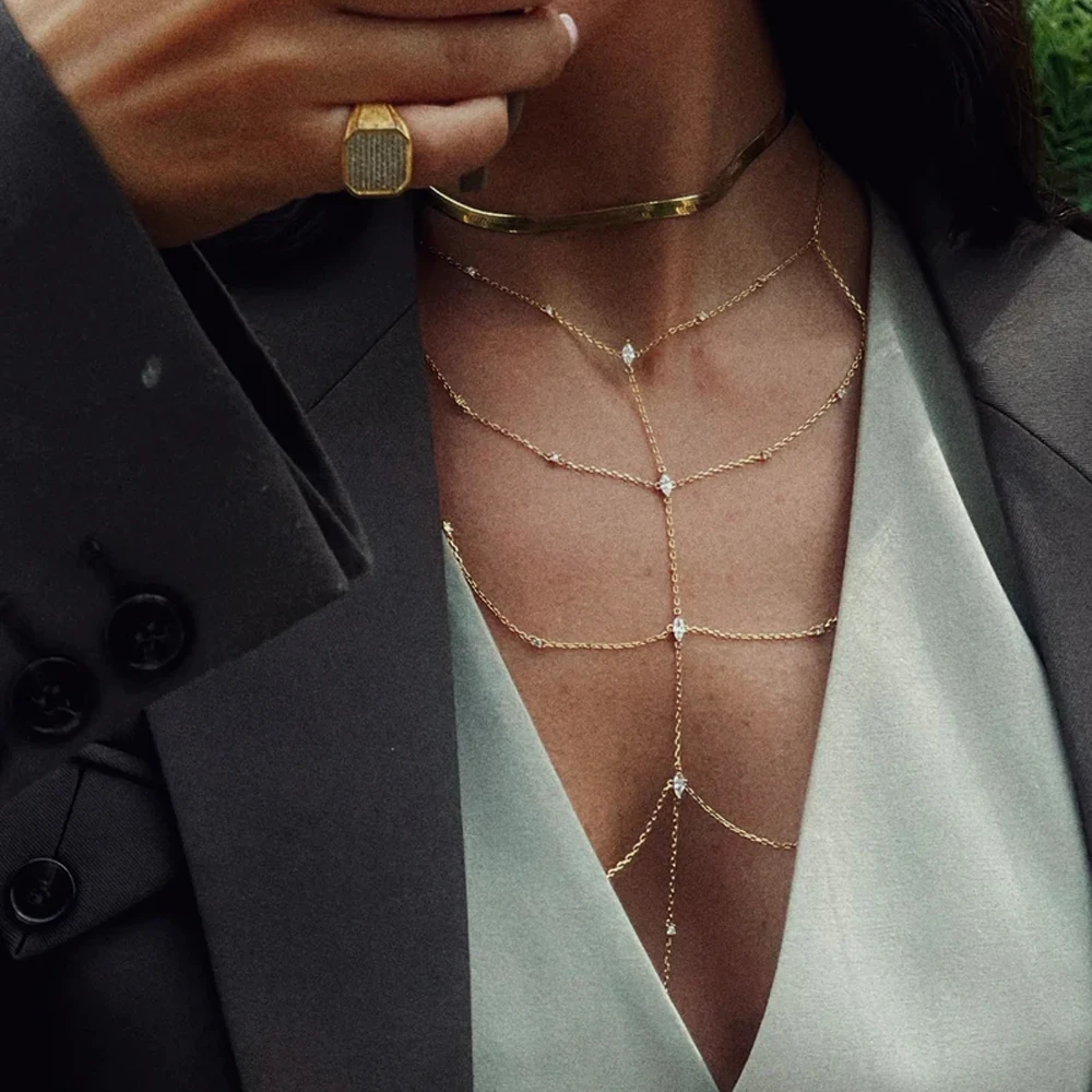 Bling Cubic Zircon Tassel Sexy Beach Body Chain Wedding Accessories Women Cross Brakni Breast Hollow Out Chest Girl Jewelry