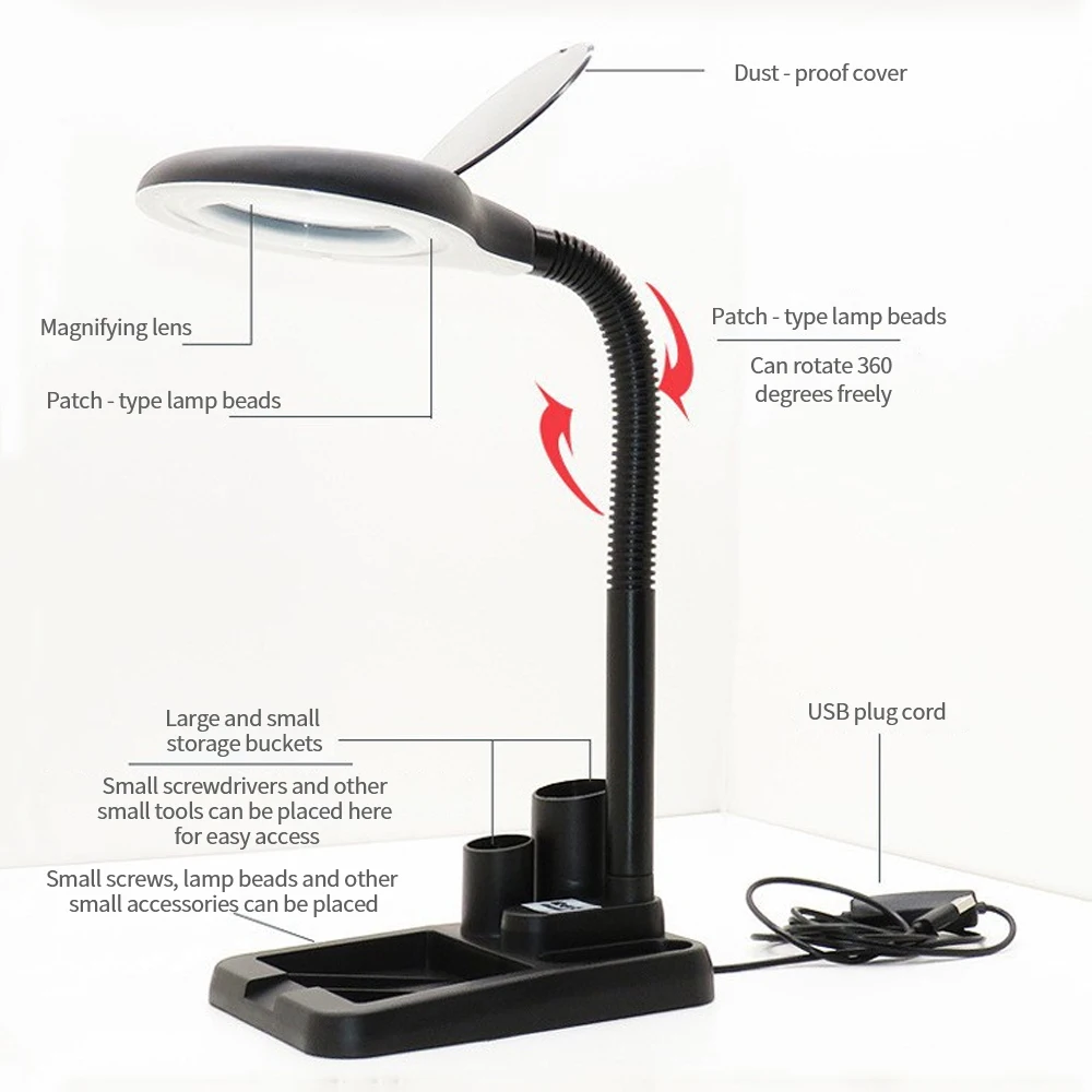 5X-10X Magnification Work Bench Diopter Desk Magnifier LED Adjustable Lamp Light Magnifying Dental Lab Inspection