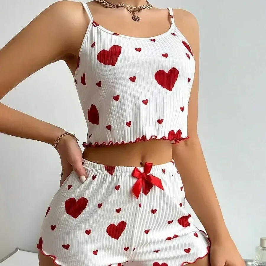 Pyjamas d'été doux et décontractés pour femmes, ensemble de lingerie, pyjamas, vêtements de détente, impression d'amour précieux, Y et short, 2 pièces