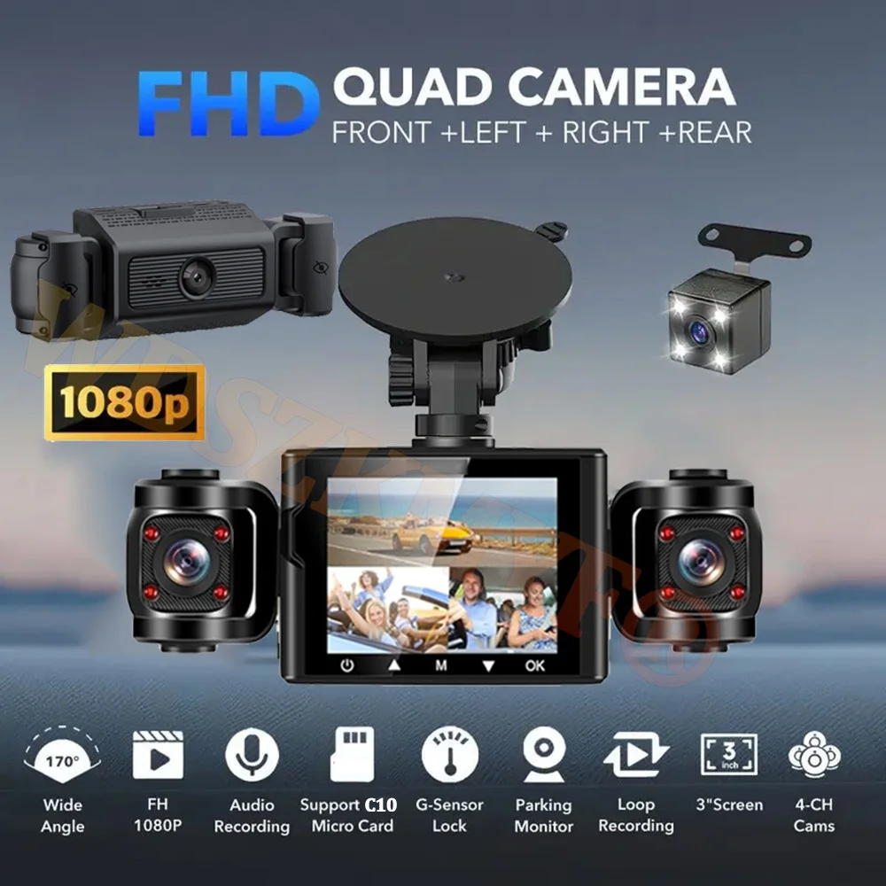 4 Lens Car DVR Dash Cam FHD 1080P Dashboard Camera 24H Parking Monitor Video Recorder Night Vision Black Box Car accessory