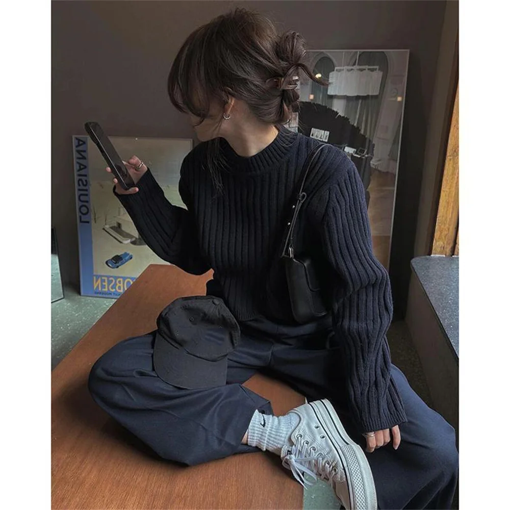 

Knit Sweater Women Autumn Winter High Quality Simple Elegant Half Turtleneck Tops Casual Wear Long Sleeve Retro Black Pullover