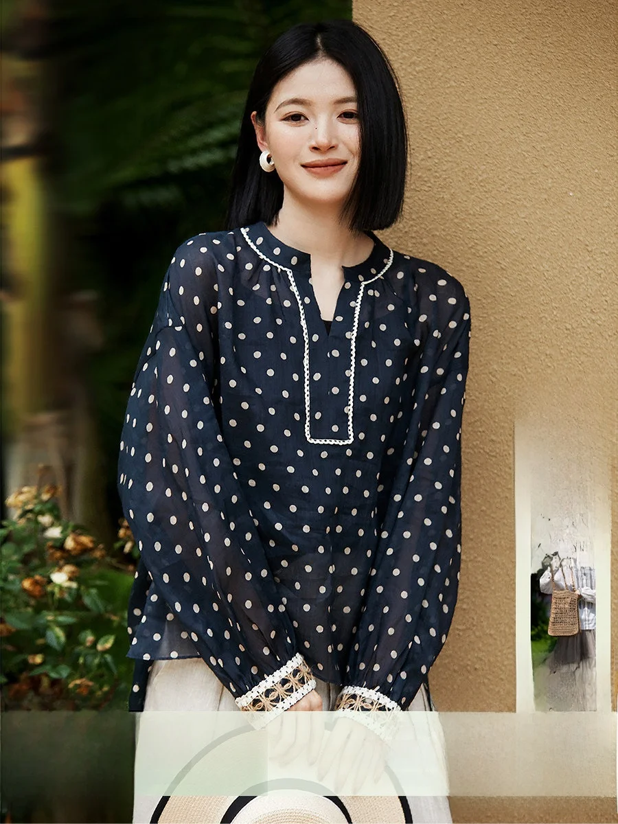 

Новая весенняя женская свободная рубашка с длинным рукавом Xhange Danube River с принтом в горошек из льняной ткани, удобный топ для бизнеса