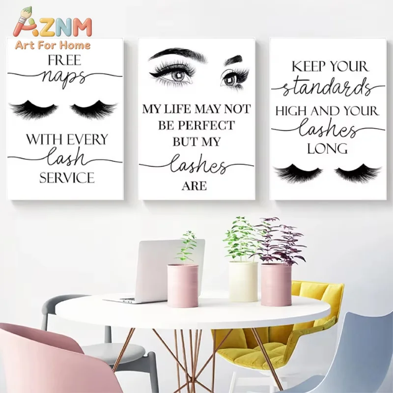 AZNM Eyelash Quote Canvas Wall Art Frameless Print, Lash Tech Beauty Salon Poster, Black White Makeup Room Decor Picture
