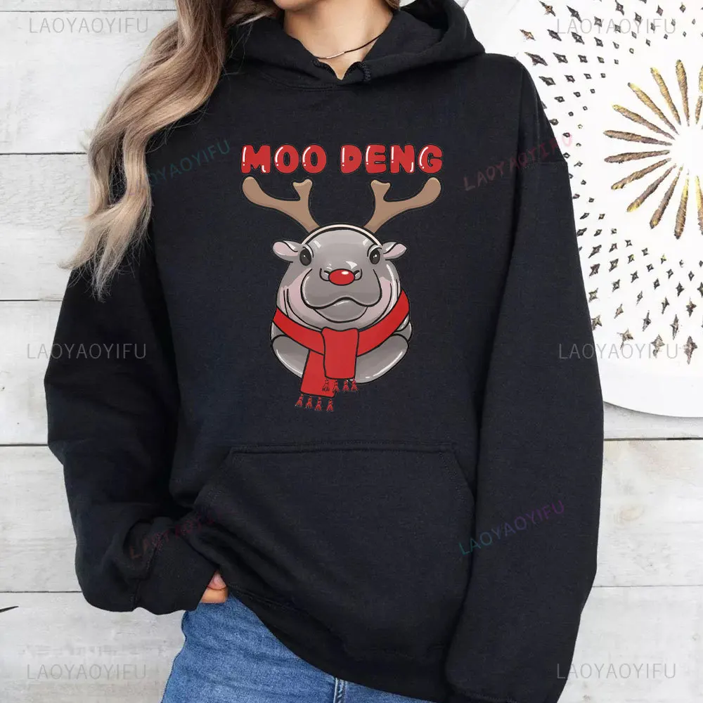 Moo Deng Christmas Sweatshirt Love Moo Deng Hippo Lover Women Long Seleeve Sweater Cute Baby Hippo Moo Deng Bouncy Pig Tops