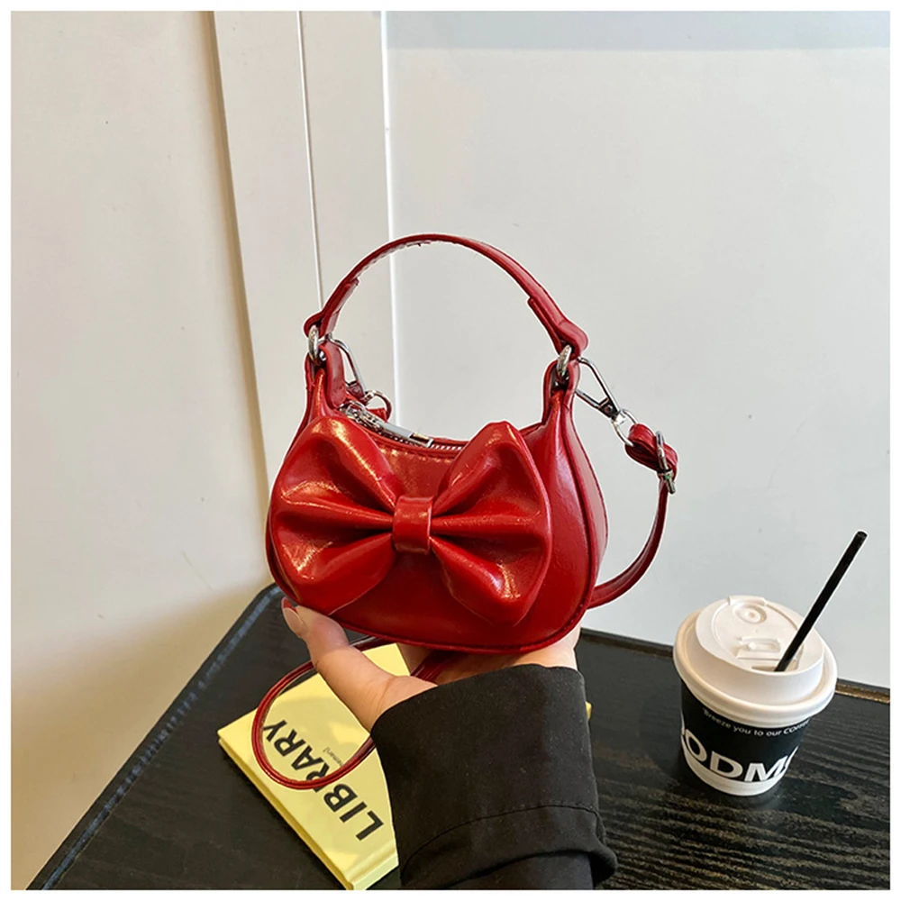 

Mini Bow Handbag Girls 2025 New Sweet Cute Shoulder Bag Pu Leather Fashion Versatile Female Solid Color Crossbody Small Purse