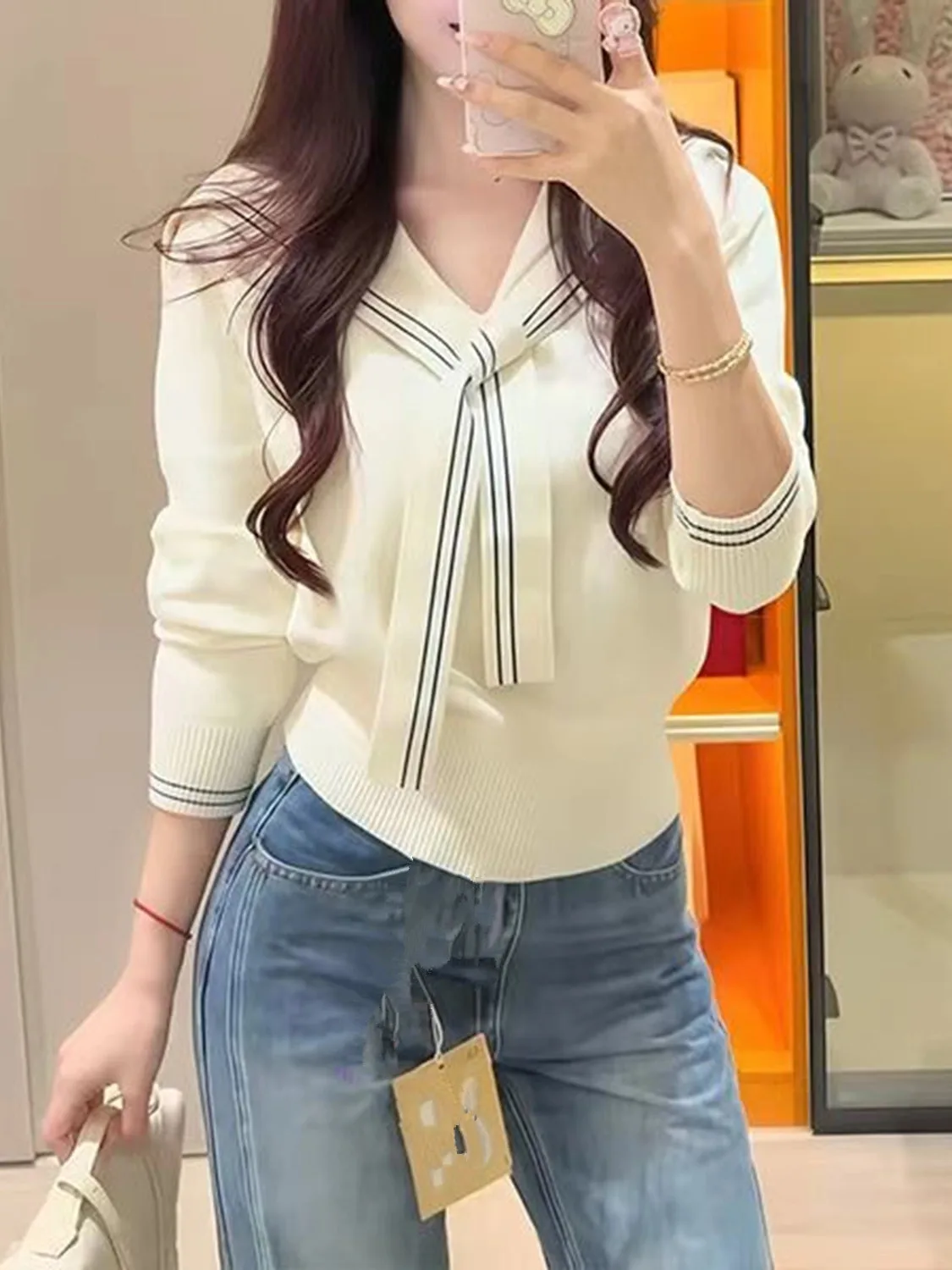 

Preppy Style Navy collar Shawl Knit Sweater For Women 2025 Autumn Winter New Fashion Long Sleeve Bow Lace-up Pullover Jumer Tops