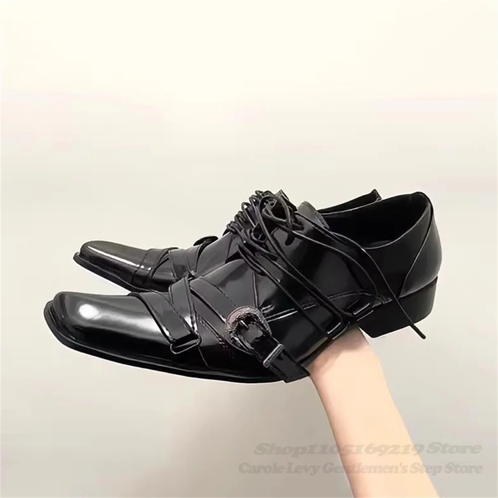 Dark Irregular Upturned Thick Heel Casual Leather Shoes Men Retro Metal Buckle Strap Square Toe Lace Up Party Single Shoe