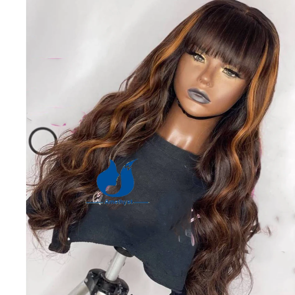 

Brown With Blonde Highlight Scalp Top Full Machine Made Human Hair Wig Wave For Women With Bangs Glueless Remy Hair Amethyst