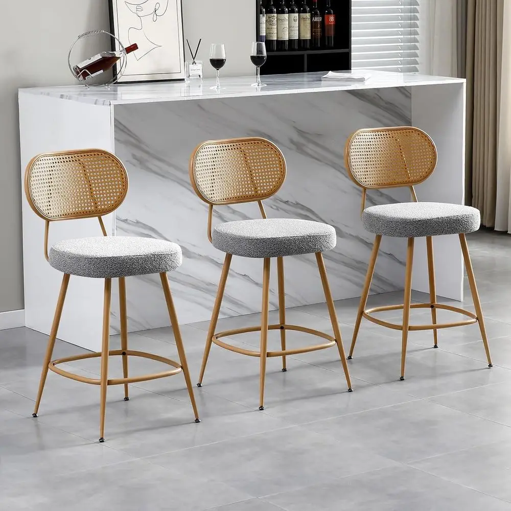 

Set of 3 Grey Rattan Barstools, Counter Height with Wooden Metal Legs, Adjustable Seat Pads for Home Kitchen Dining Island