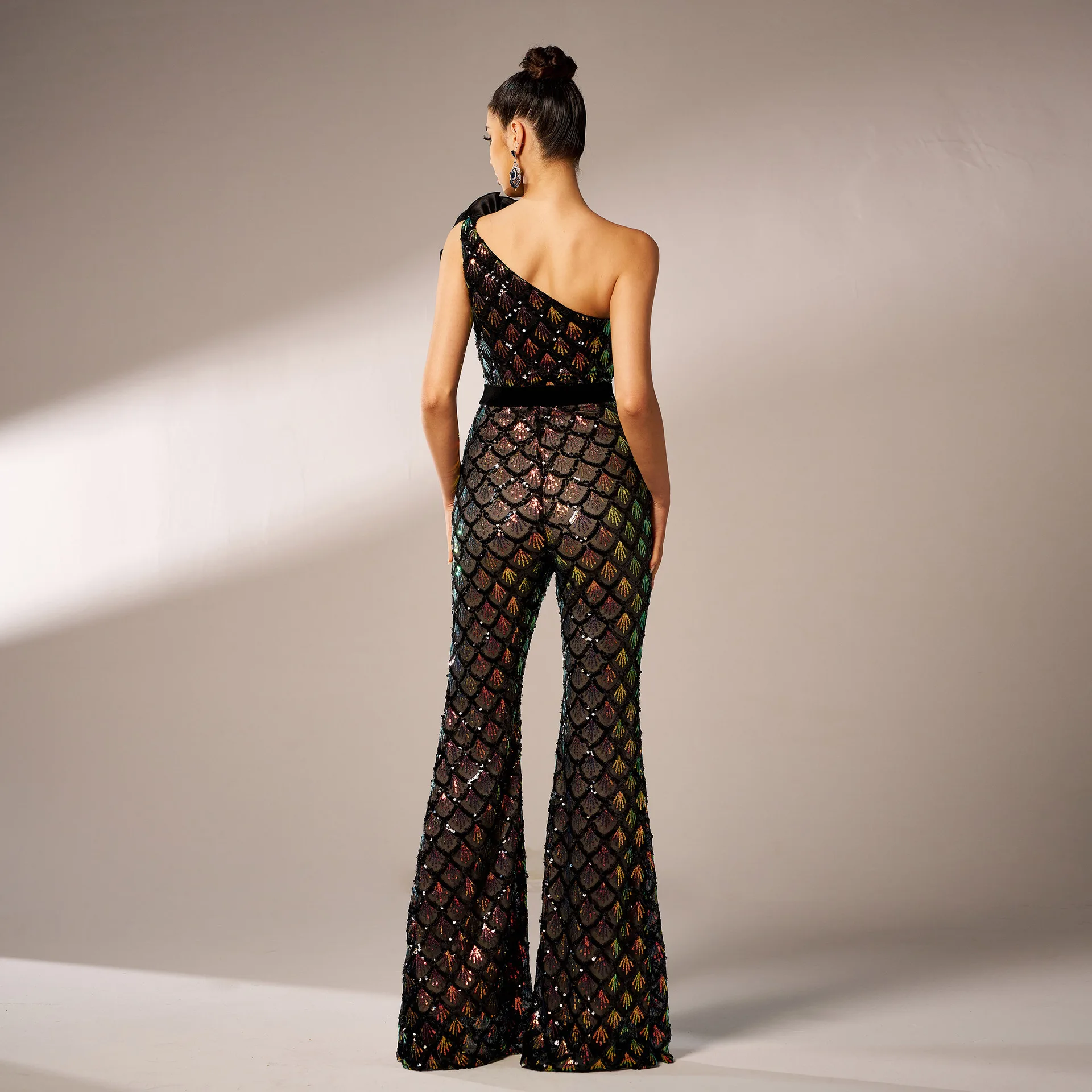 Women New High Quality One Shoulder Sequin Slim Jumpsuit Elegant Formal Occasion Birthday Party Luxury Full Length Flare Pants