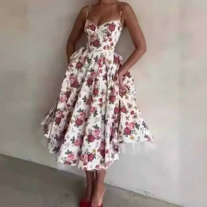 Elegante Off Schulter Dame Hosenträger Sommer Sexy Ärmellose Taille Puffy Lange Fashion Floral Print EINE Linie Party Kleid