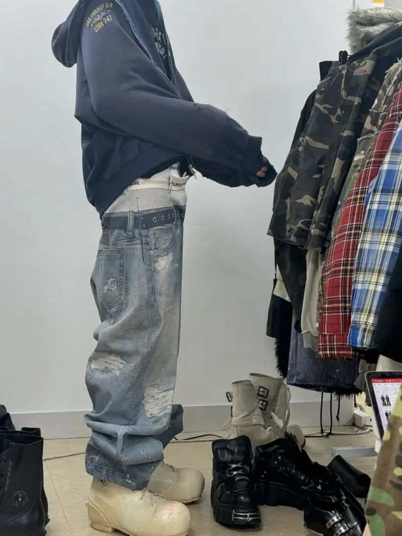 Calça Jeans Casual Unissex com Estampa 3D, Efeito Duas Peças, Estilo Prank, Solta e Desgastada - Projeto Gr24