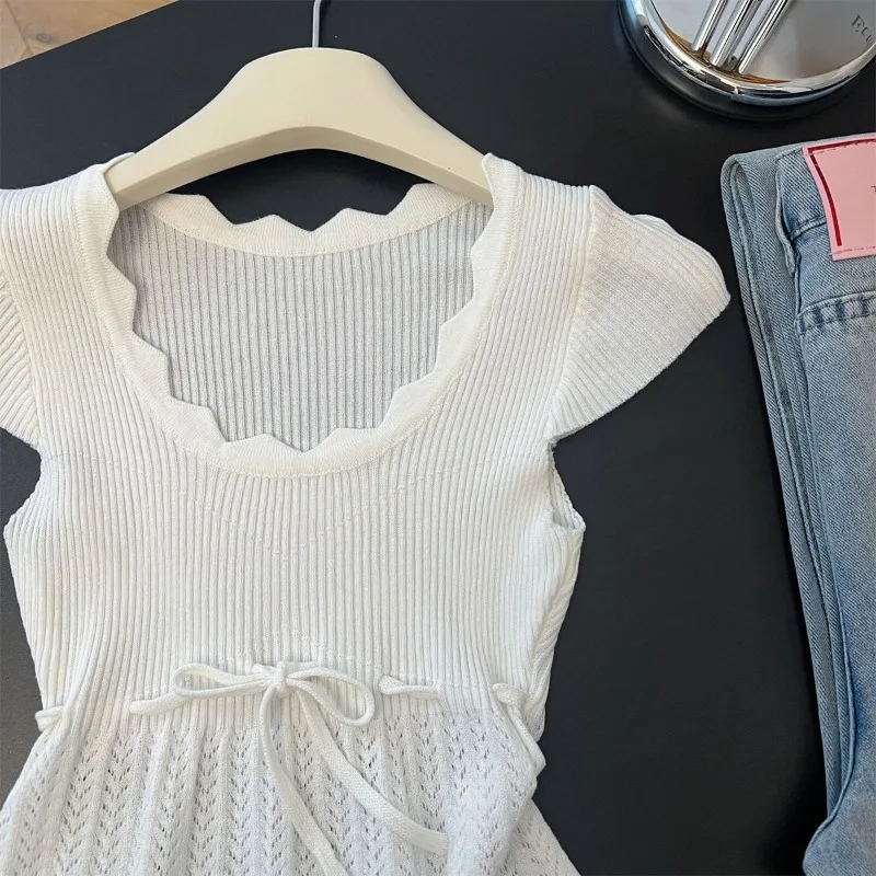 Pure Desire Hollow Crocheted U-neck Pit Strip Knitted T-shirt Women's Lace-up Design Slim Short-sleeved Top