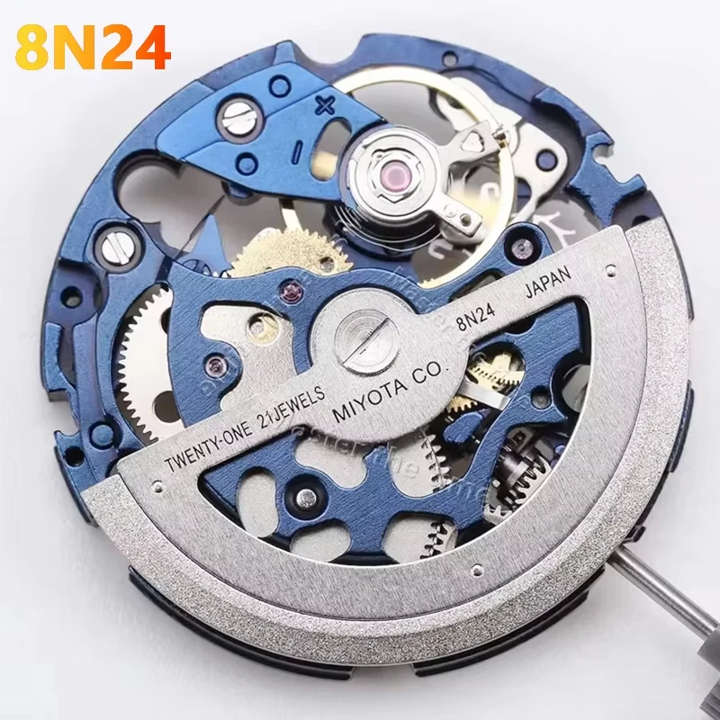 Miyota 8N24 Automatisches mechanisches Uhrwerk, blau, 3-Zeiger, automatischer und Handaufzug, Skelett-Stopp, zweites Gerät, Größe 11 1/2''