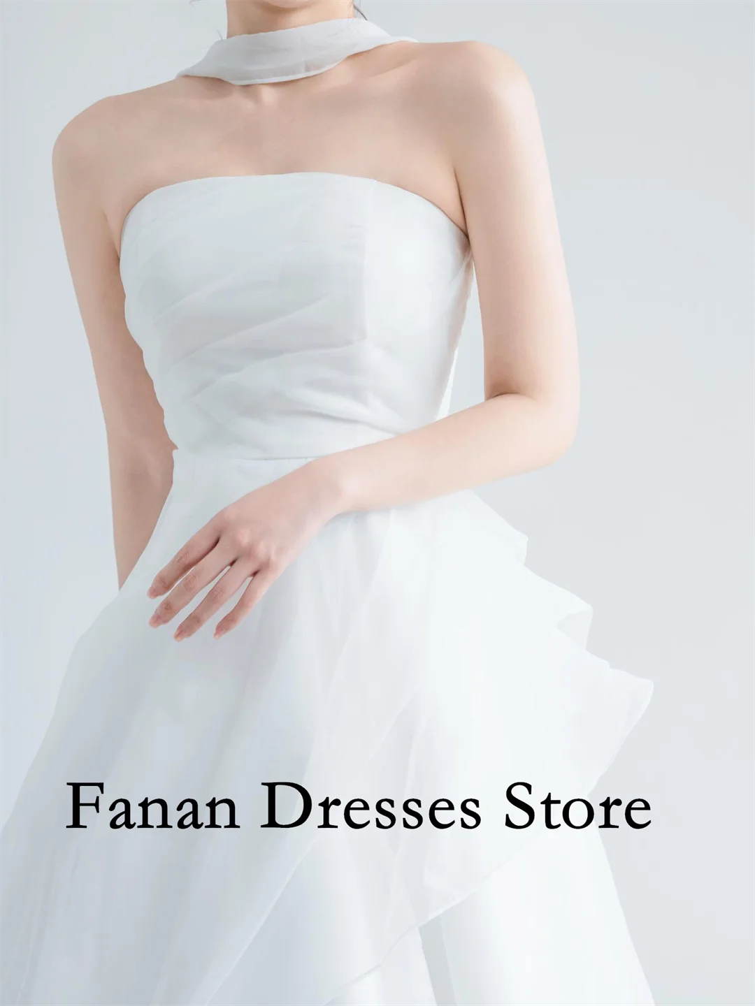 فانانان كوريا على شكل حرف a طول الأرض بدون حمالات أورجانزا متدرج مكشكش بدون أكمام مشد فساتين زفاف سترس عاجي مخصص Pr #5