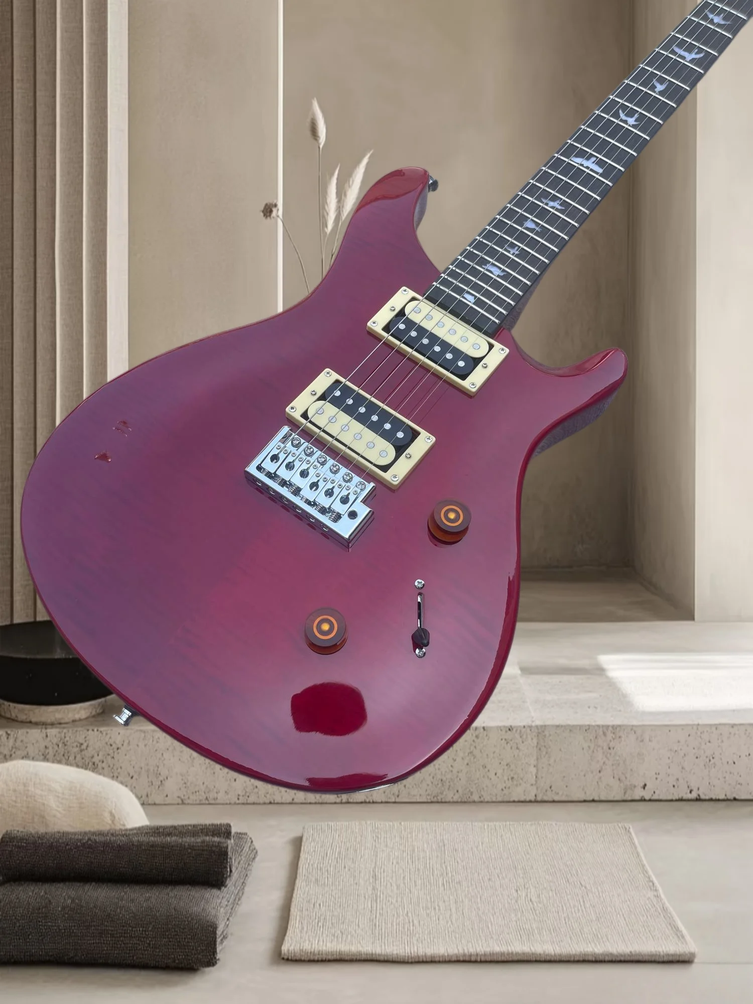 Hot Red Flame Maple Top PRS Style Electric Guitar 6‑String HH Humbucker Pickups Tremolo Bridge Hard Rock Metal Free Shipping