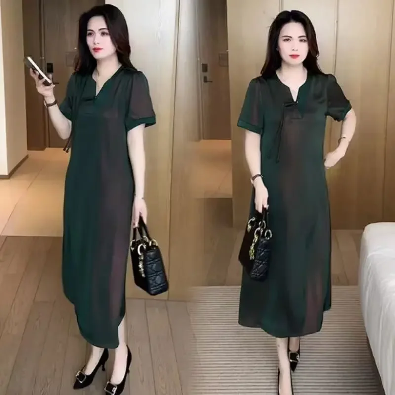 

Темно-зеленое платье миди с коротким рукавом и пуговицами, из гладкой ткани, свободного кроя, повседневное, элегантное, женское модное платье