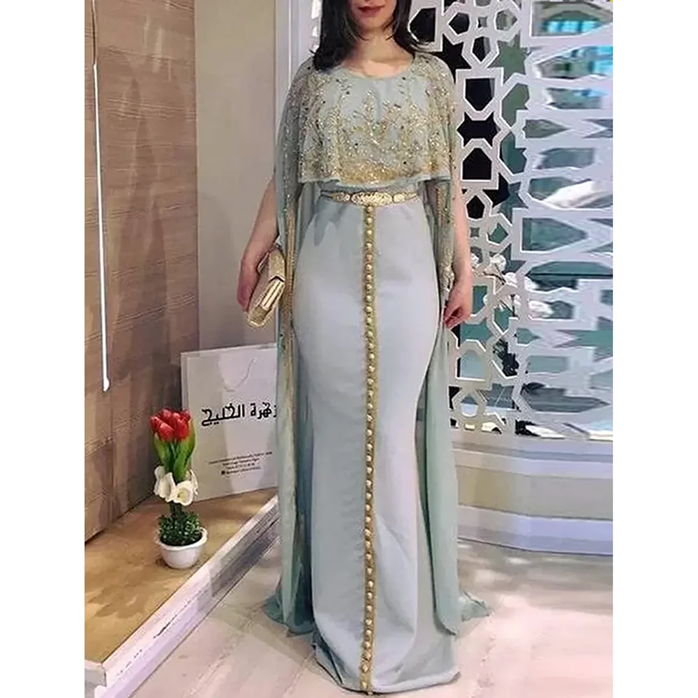 Robe de soirée style cape en dentelle dorée, caftan marocain gris, robes de soirée de Rh, appliques de sirène, quelle que soit l'Arabie saoudite, 123