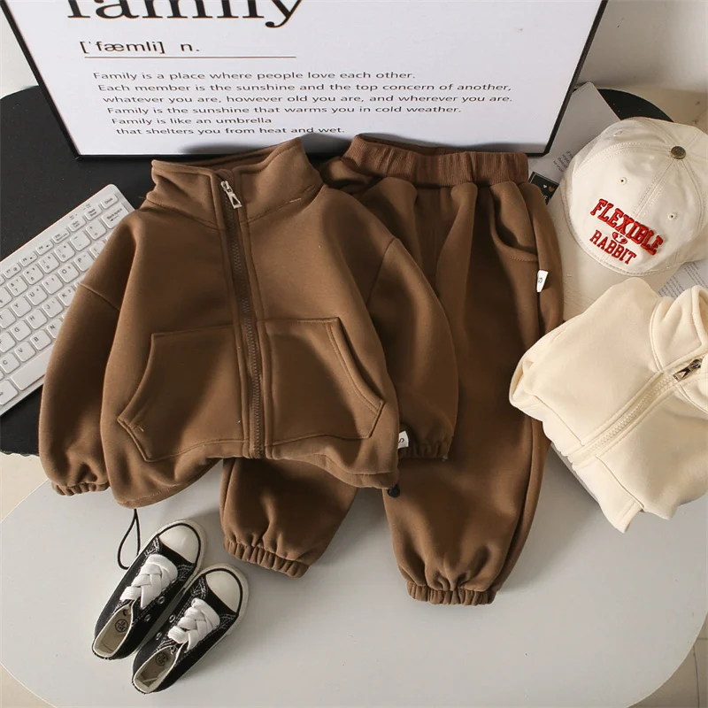 Kids Soft Plush Warm Suits Children Winter Comfortable Casual Coats+Pants 2Pc Outfits Boys Thick Thermal Daily Clothes Sets