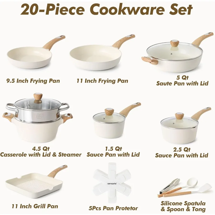 مجموعات تجهيزات المطابخ السيراميك الأواني والمقالي مجموعة غير لاصقة 20 قطعة تجهيزات المطابخ التعريفي غير سامة صحية غير عصا المطبخ الطبخ مجموعة مع