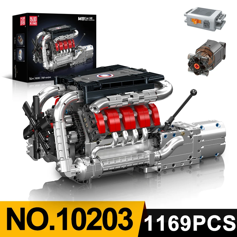 MOULD KING 10203 M8 car V8 engine with gearbox Model Building Block kits MOC Motor drive Assembly puzzle Brick Toy for kid Gift