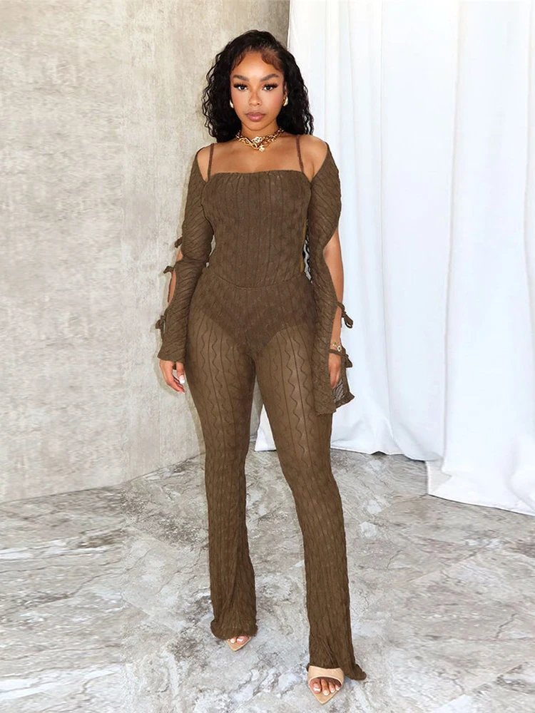 Sibybo Sexy Suspenders Backless See Through Bandage Jumpsuit Basic Long Sleeve Solid Color Flared Trousers Summer Women Clothes