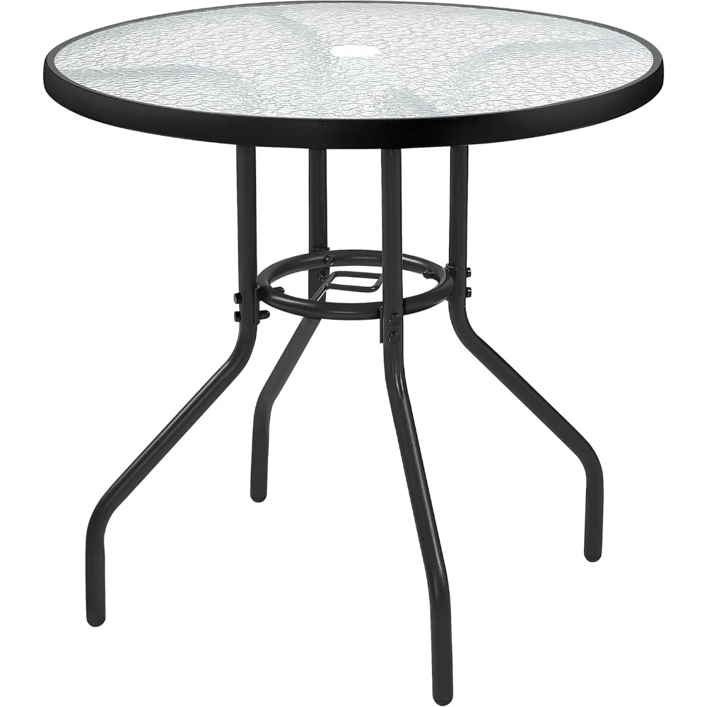 

27.4'' Patio Bistro Table Round Outdoor Coffee Table, Round Tempered Glass Top with 1.7'' Umbrella Hole, Iron Frame