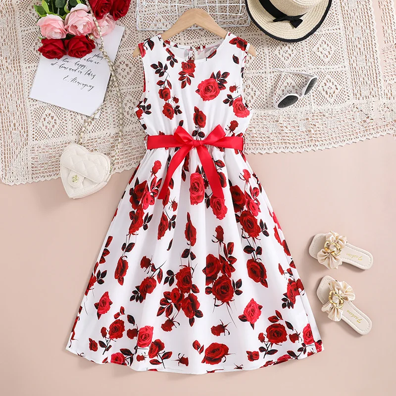 

2024 Summer New Arrival Girls Sleeveless O Neck Print Floral Sashes Red Designer Cute Party Princess Dress Custume 8-12T