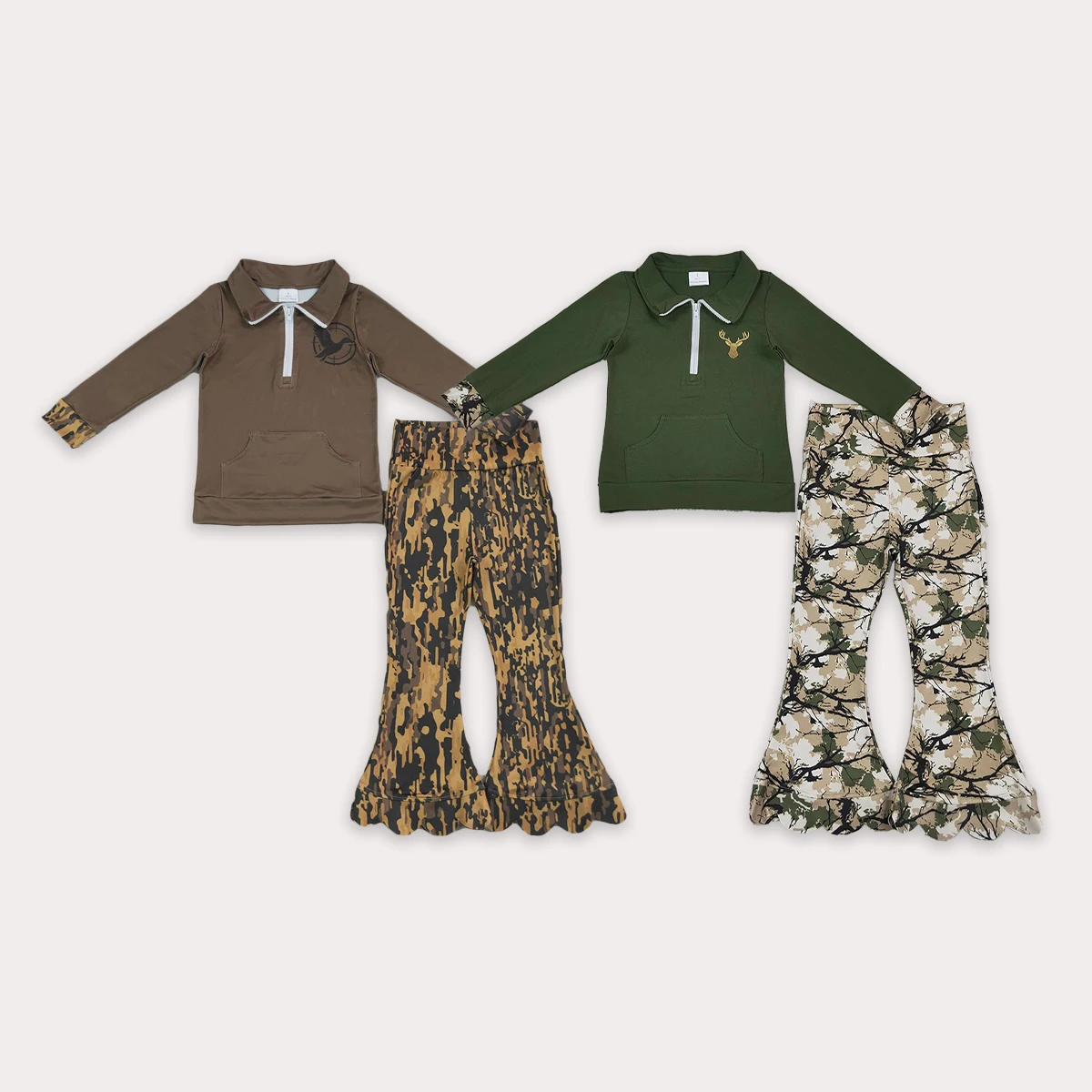 Toddler Baby Girls Ducks Hunting Clothes Pocket Zipper Pullovers Tops Boutique Scallop Pants Sets Children Clothing Wholesale
