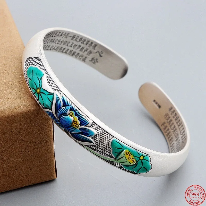 

S999 Sterling Silver Bracelets for Women 2023 New Fashion Enamel Blue Lotus Leaf Heart Sutra Vintage Bangle Argentum Jewelry