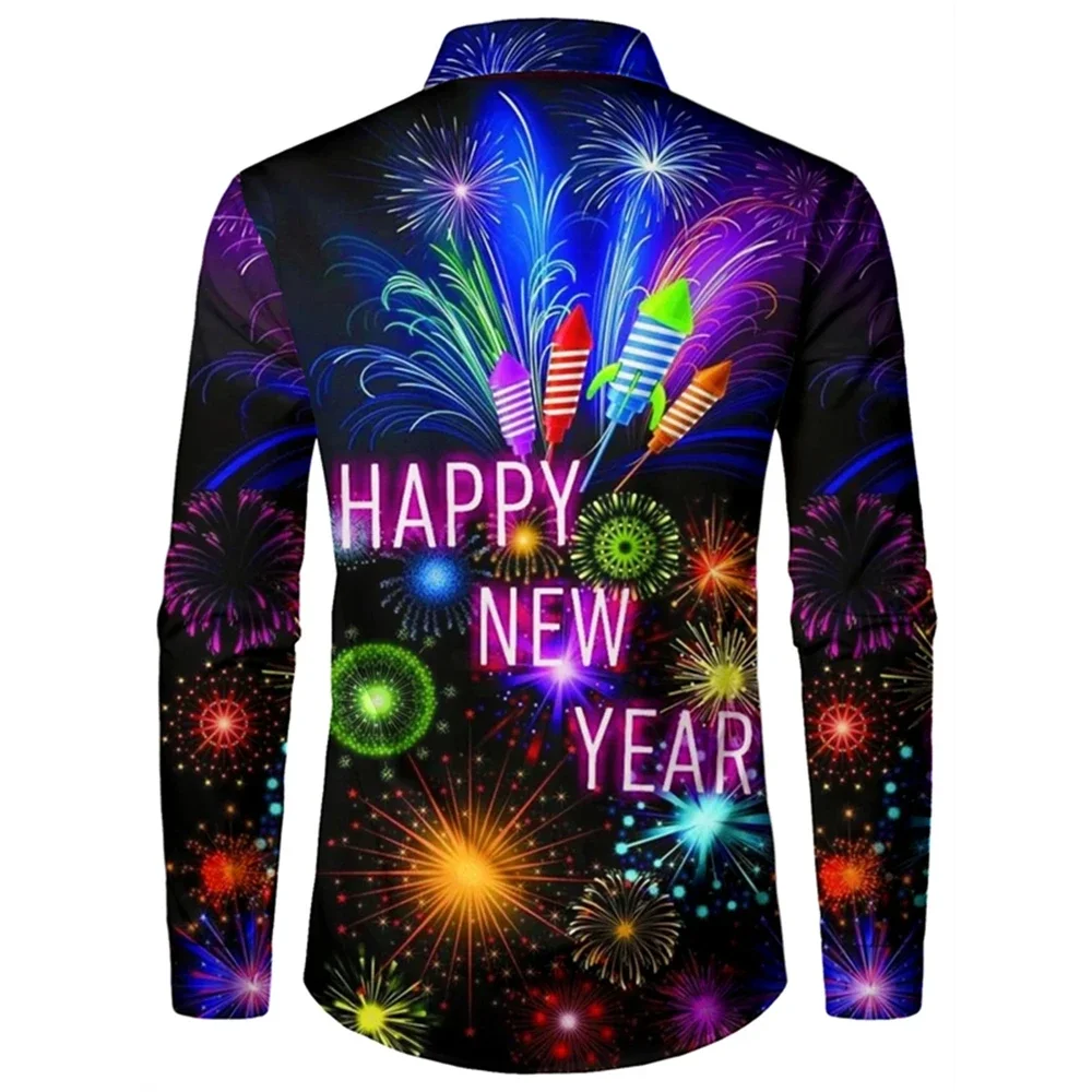 2025 New Year Men\'s Shirts Happy New Year 3d Print Long Sleeve Shirts For Men Casual Fashion Men\'s Clothing Loose Oversize Shirt