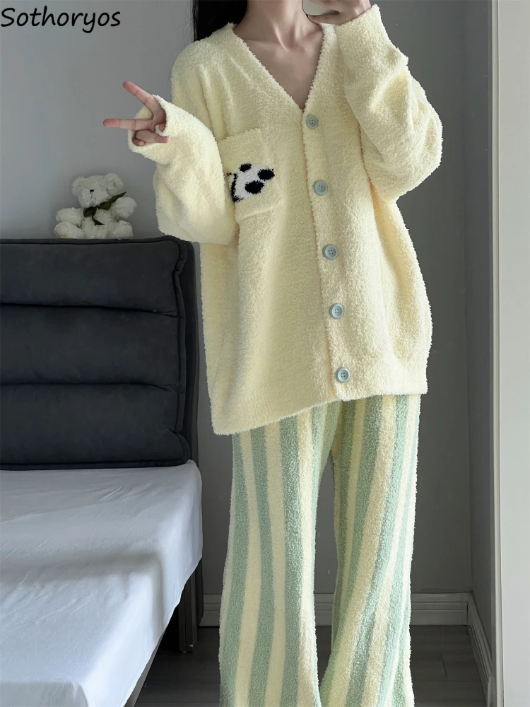 Pajama Sets Women Coral Velvet Thicker Cartoon Winter Keep Warm Sleepwear Sweet Girl Korean Lovely Slouchy Casual Homewear New