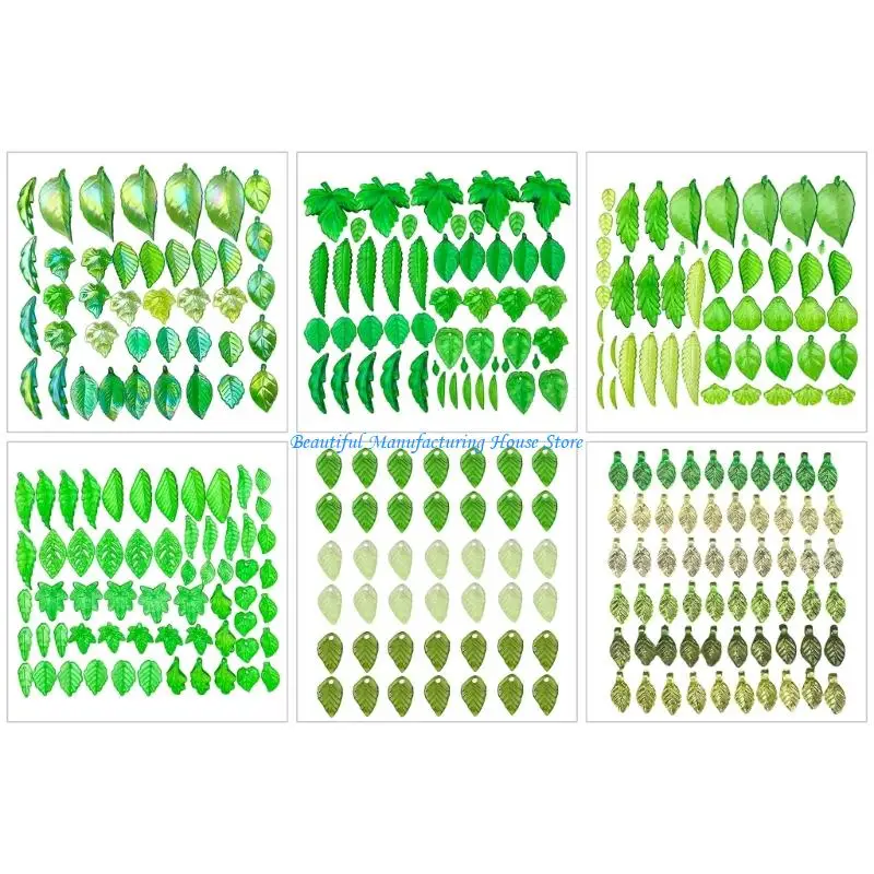 

E56A Transparent Leaf Shaped Beads Green Acrylic Charms Multi Patterns Jewelry Components For Homemade Bracelet Earrings