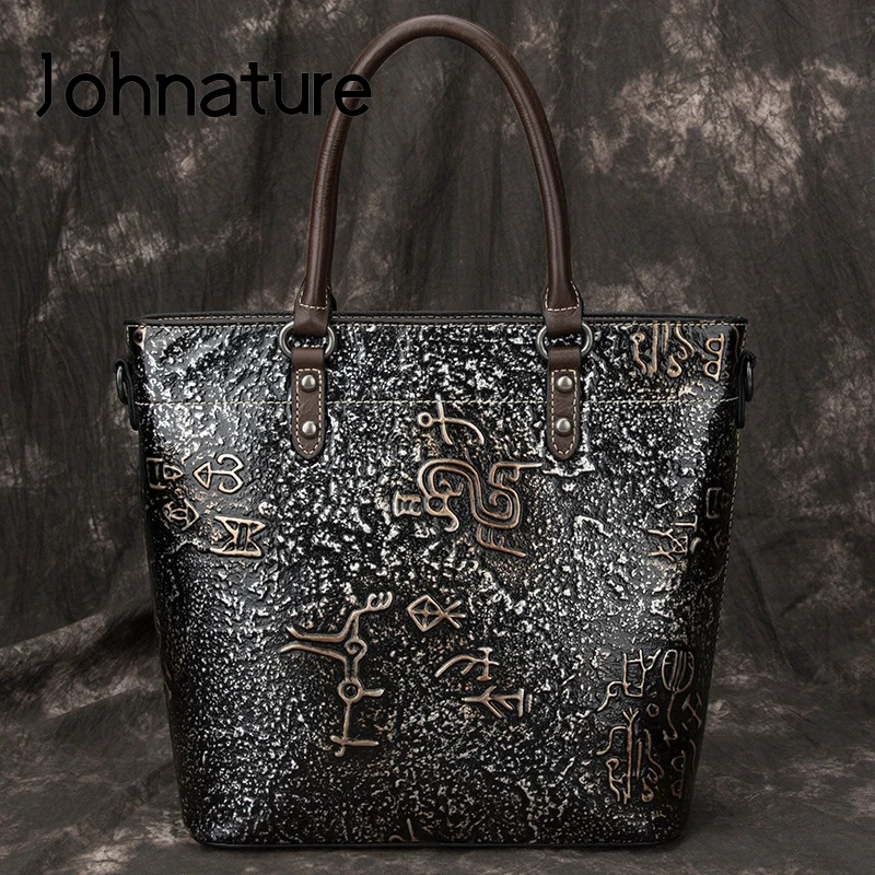 Johnature Vintage Casual Tote Borsa da donna in vera pelle 2024 Nuove borse a tracolla e a tracolla in pelle bovina con goffratura di grande capacità