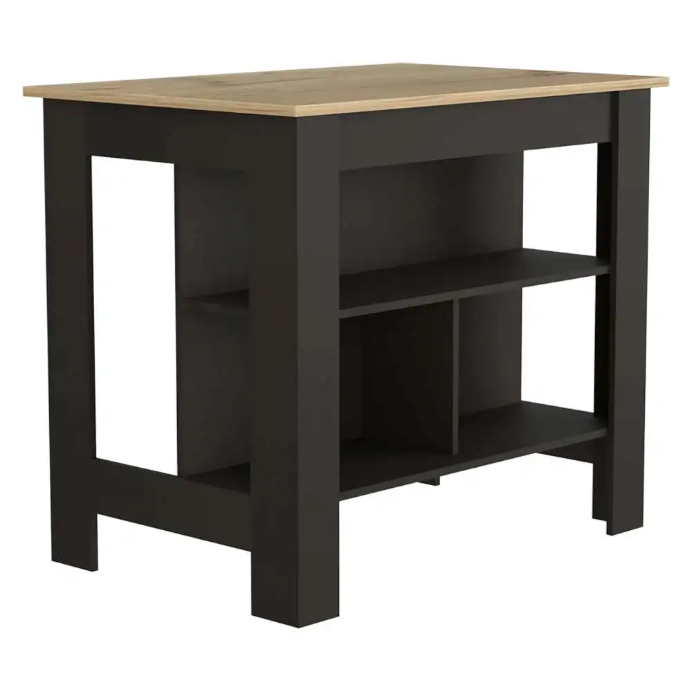 Kitchen Island Kitchen Table 35" H Four Legs Three Open Storage Shelves Black / Light Oak