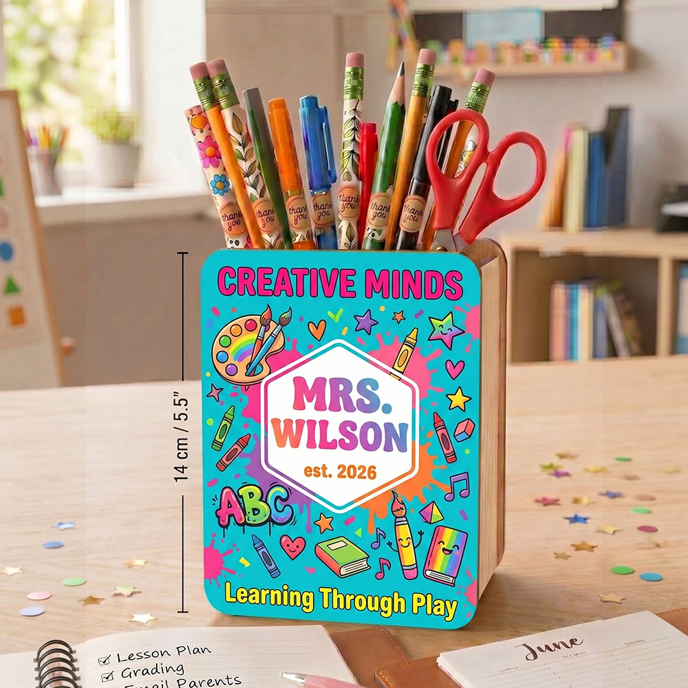 Personalized Custom Text Wooden Pen Holder,Colorful Cartoon Art Design,Teacher Appreciation Gift,Back To School,Desktop Decor