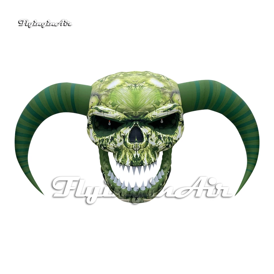 Spooky Hanging Giant Inflatable Skull Concert Stage Background 7m Evil Green Air Blow Up Demon Head For Carnival Decoration