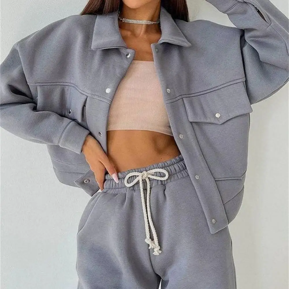 Autumn Tracksuit Women Two Piece Set Lapel Long Sleeve Solid Color Warm Jackets Drawstring Pants Suit ensemble jogging femme