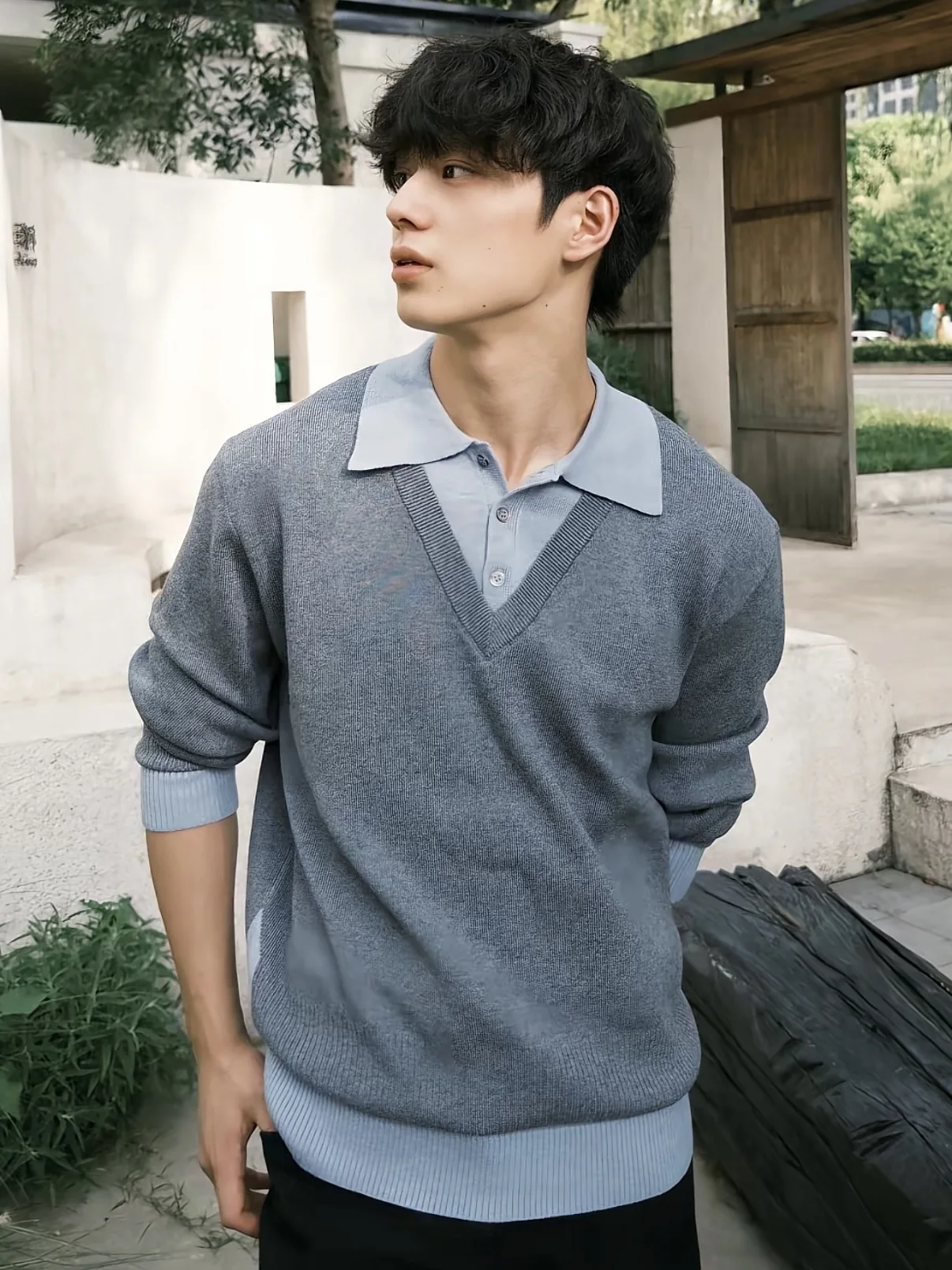 

Мужской свитер в стиле американского ретро, из смешанных волокон, в стиле колледж, с эффектом двухслойности, в стиле Old Money, повседневный, с длинным рукавом