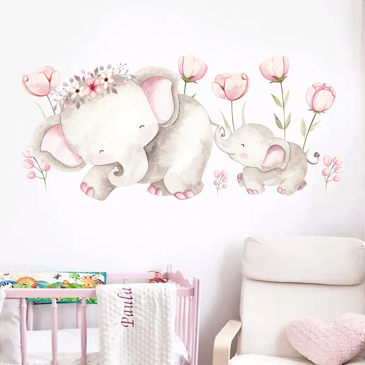 Cartoon Cute Family Elephant Flower Wall Stickers for Kids Room Baby Nursery Home Decor Living Room Children Bedroom Decoration