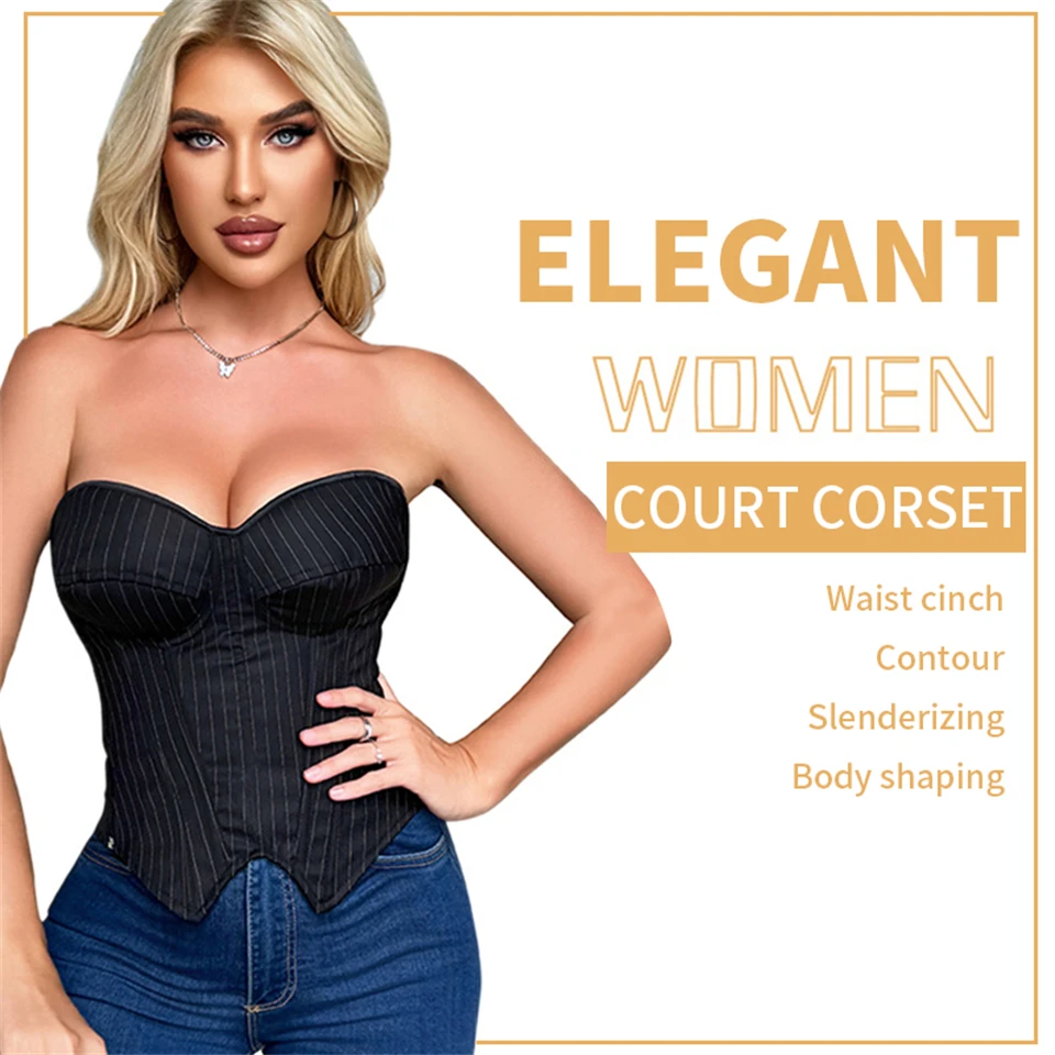 Becirzet Damen Overbust-Korsett mit Reißverschluss, gestreift, Schnür-Bustier, Taillenformer, Bauchkontrolle, Shapewear, Oberteil für Bürodamen – Detail 2