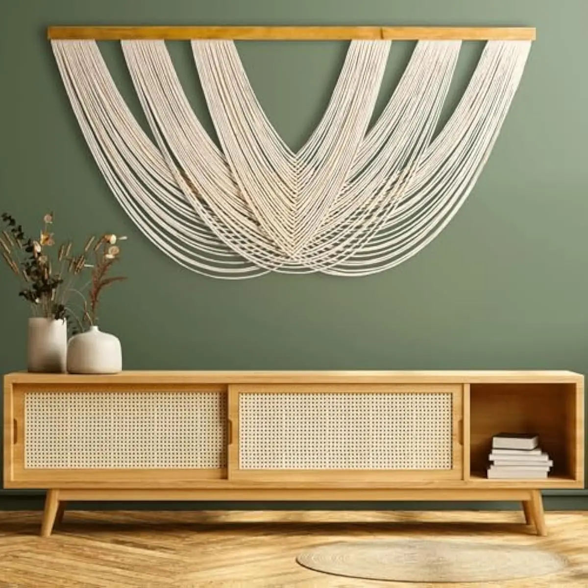 Extra Large Handwoven Macrame Tapestry 59 x 33 Inches – Natural Fiber Wall Art Featuring Organic Cotton, Birch Wood Rod, Earthy