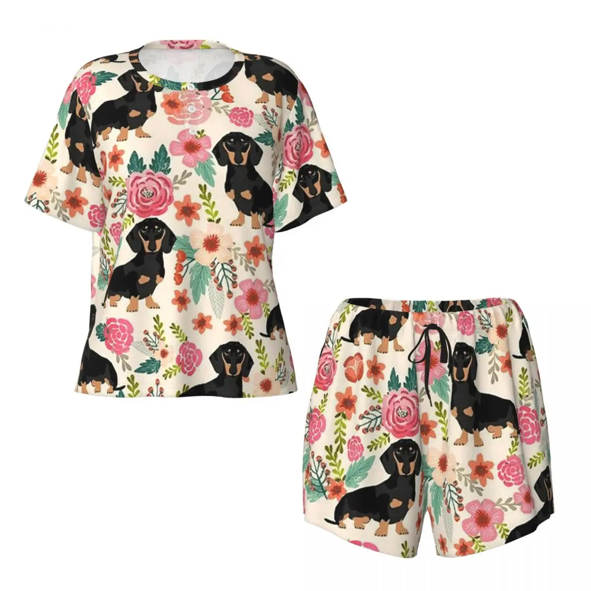 

Женский пижамный комплект с цветочным принтом таксы, свободная ночная рубашка с круглым вырезом и коротким рукавом, шорты