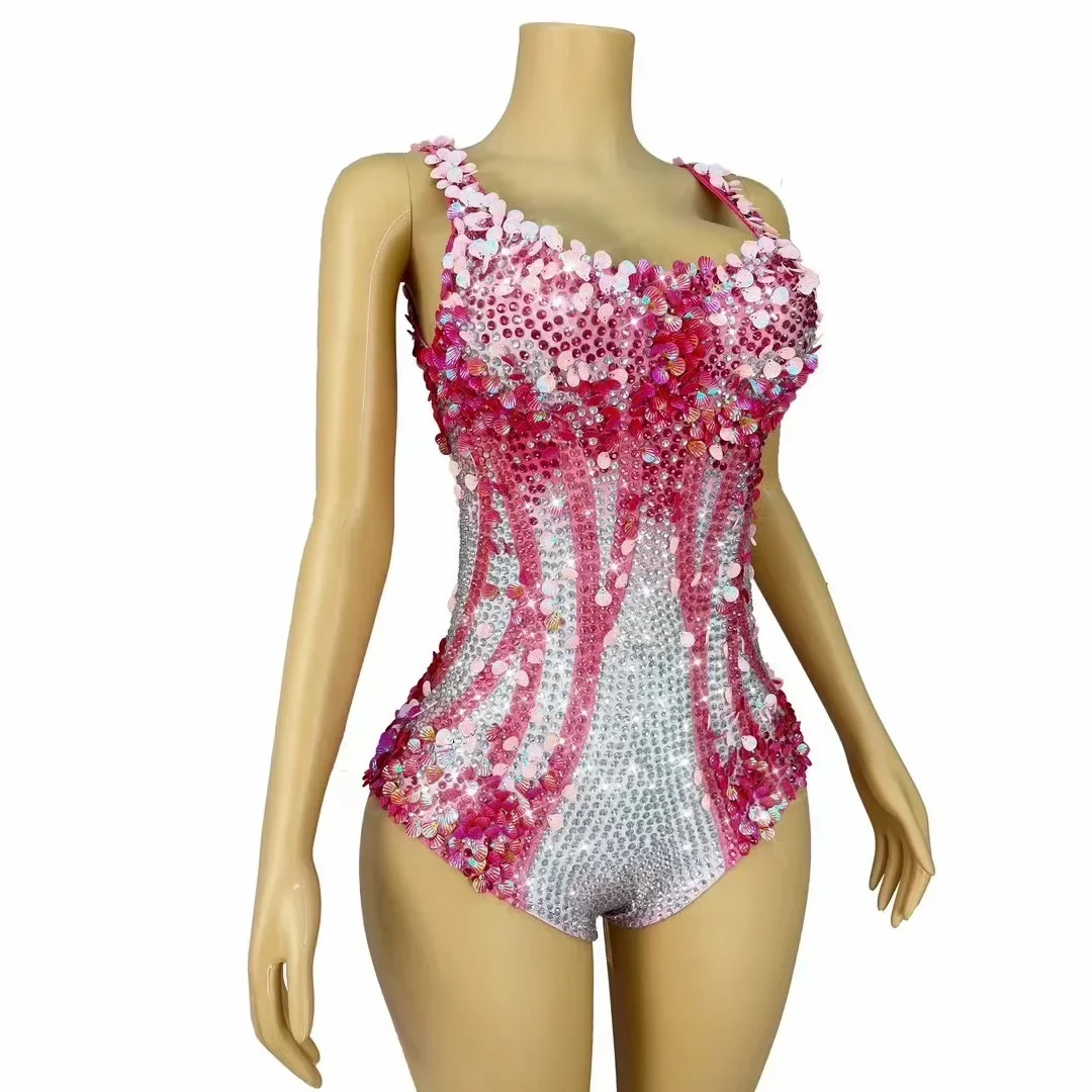 Women Sexy Sparkly Rhinestones Sequins Sleeveless Pink Bodysuit Celebrity Stage Performance Costume Evening Party Outfit